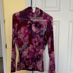 White House Black Market Magenta and Purple Floral Sheer Long Sleeve Top